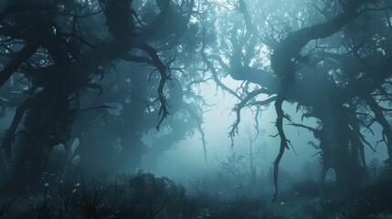 A mystical foggy forest with twisted trees and hidden creatures lurking generated by AI