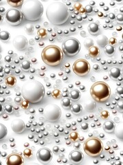 White and golden pearls, beads, 3d render balls, sphares, round shapes backgorund.