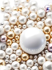 White and golden pearls, beads, 3d render balls, sphares, round shapes backgorund.