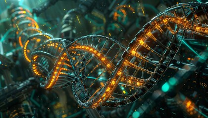 Cyber-genetic helix entwined with pulsing circuitry, tech for everything