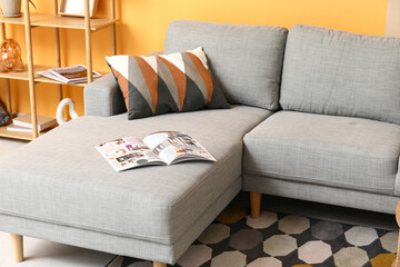 Interior of beautiful living room with comfortable sofa, cushion and shelving unit, closeup