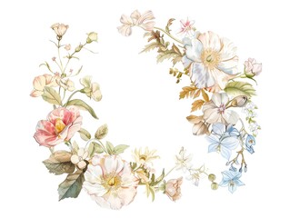 A beautiful watercolor painting of a wreath of flowers. The flowers are mostly white, pink, and blue, with some green leaves. The wreath is on a white background.