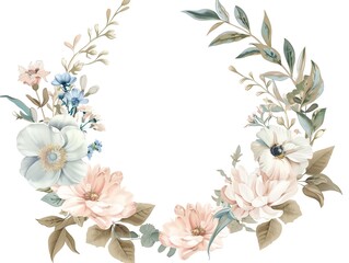 An elegant floral wreath with a variety of flowers in soft, muted colors. Perfect for use in wedding invitations, cards, and other special occasion stationery.