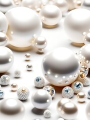 White and golden pearls, beads, 3d render balls, sphares, round shapes backgorund.