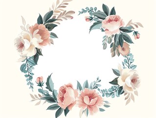 A beautiful floral wreath with pink and white roses, green leaves, and blue buds on a cream background.