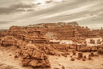 Goblin Valley Scene Landscape in Utah Gray Overcast Sky