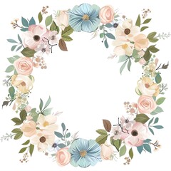 A beautiful floral wreath with a variety of flowers in soft colors. The wreath is perfect for use as a wedding invitation, greeting card, or any other special occasion.