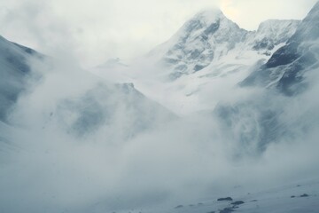Fototapeta premium Frostpunk Reverie Thick Clouds Embrace Mountains on a Glacial Lake. 