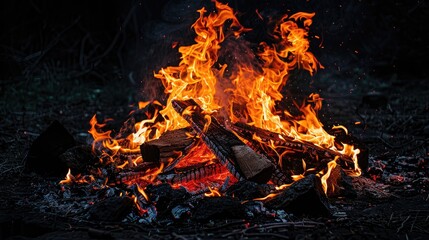 Fototapeta premium Close up photograph of a bonfire against a black backdrop