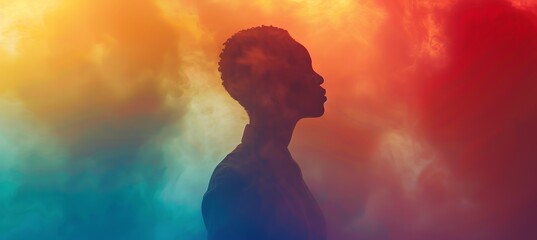 Silhouette of trans black woman on colorful background. LGBT pride gender equality wallpaper. Generative AI technology.	
