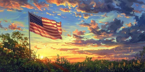 an american flag is shown with a sunset, in the style of optical illusion paintings, joyful celebration of nature, heavy shading