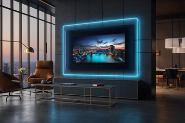 Smart connected TV dominates the wall in a modern interior, illuminated by vibrant connected neon lights, 3d render. Generative ai.