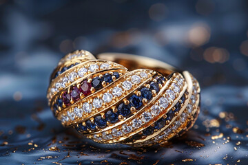 Golden ring with diamonds and sapphires isolated on dark backdrop.