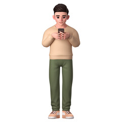 Man character playing with his smartphone seriously, 3D Character Illustration.