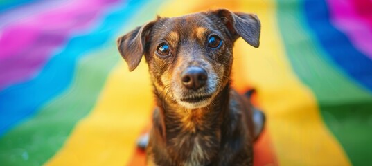 Cute puppy dog with colorful rainbow background. LGBT pride gender equality wallpaper. Generative AI technology.	
