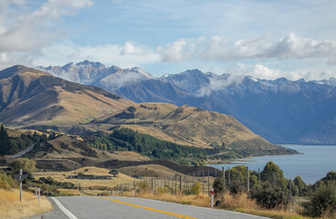 Mountain and lake scenic view of Lake Wanaka, New Zealand, South Island.