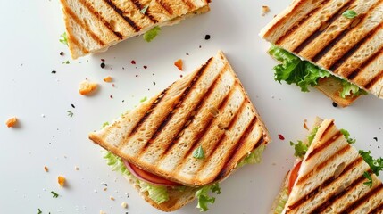 Sandwiches with toasted bread pieces on a plain white backdrop - Powered by Adobe
