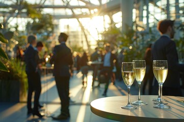 Obraz premium A vibrant business event photo showcasing professionals networking and conversing, with a table of champagne glasses adding a celebratory touch to the business party atmosphere.