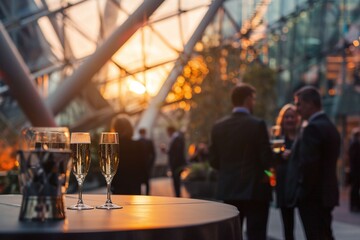 A vibrant business event photo showcasing professionals networking and conversing, with a table of champagne glasses adding a celebratory touch to the business party atmosphere.