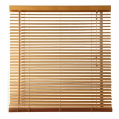 Wooden window blinds with pulley mechanism in a sunlit room.