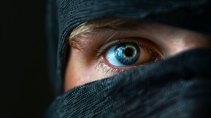 Closeup of a person's eye, looking at the camera with emotional