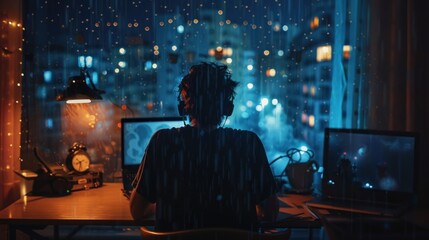 Obraz premium The glow of a laptop illuminates a dark room, a silent testament to the dedication of those who burn the midnight oil from afar.