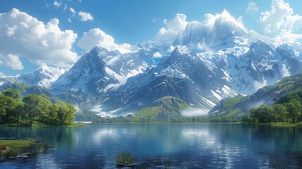 Majestic Mountain Range at Sunrise with Golden Light Illuminating Snow-Capped Peaks and Crystal-Clear Cyan Lake Reflecting Vibrant Colors. High-Resolution Image Showcasing Nature's Tranquility Beauty.