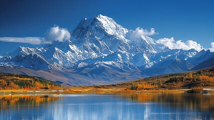 Fototapeta premium Majestic Mountain Range at Sunrise with Golden Light Illuminating Snow-Capped Peaks and Crystal-Clear Cyan Lake Reflecting Vibrant Colors. High-Resolution Image Showcasing Nature's Tranquility Beauty.