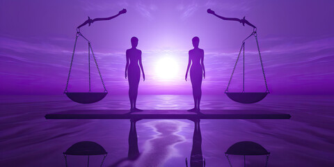 Equality (Purple): Two figures standing on equal ground, symbolizing equality and justice