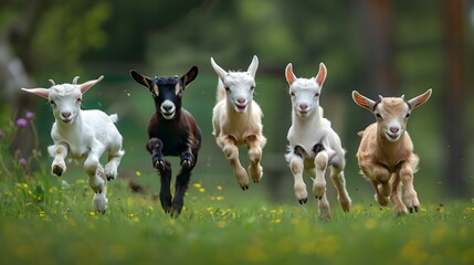 Youthful Playfulness Baby Goats Leaping and Frolicking in a Lush Grassy Field