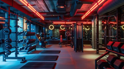 Modern gym interior with sport and fitness equipment, fitness center interior, interior of cross fit and workout gym