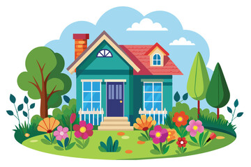 Front view of house with natural elements on white background illustration with beautiful flowers in front of house.