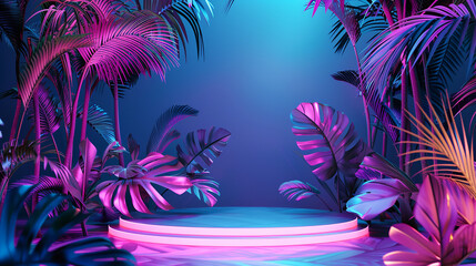 beauty fashion podium backdrop with neon light and tropical leaves