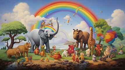 cartoon animal under a rainbow sky