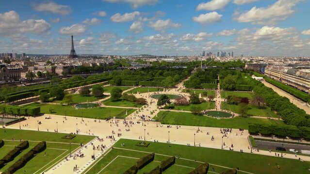 Jardin des Tuileries Paris France Eiffel Drone Flyby Forward