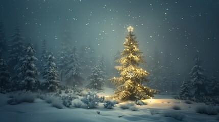 A lone Christmas tree in the snow, illuminated by moonlight against an enchanted forest backdrop