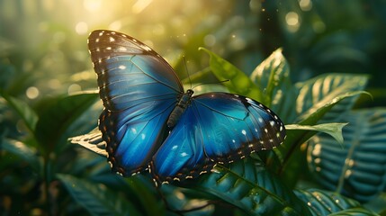 Morpho Butterflys Vibrant Rest on Tropical Leaf Under Forest Canopy