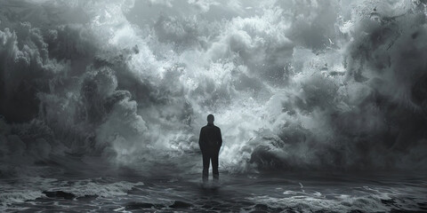 Obraz premium Resilience (Dark Gray): A figure standing strong against a storm, symbolizing resilience and strength