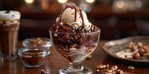 Brownie Sundae with a Scoop of Vanilla Ice Cream, and a sprinkling of chopped nuts