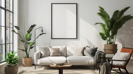 mock up poster frame in modern interior background, interior space, living room, Contemporary style, 3D render, 3D illustration