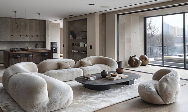 A modern dining room with minimalist design, neutral colors, and high-end Minotti furnishings
