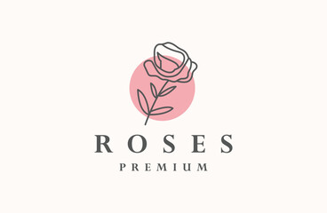 Rose flower petal line and branch with leaves vector logo emblem design template illustration