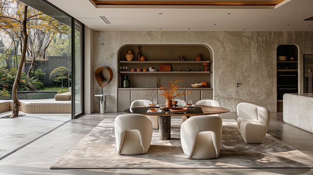 A modern dining room with minimalist design, neutral colors, and high-end Minotti furnishings