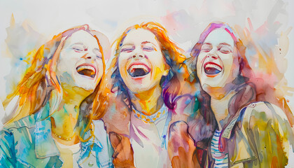 Fototapeta premium Watercolor portrait of girlfriends laughing merrily, celebrating World Women's Day on March 8