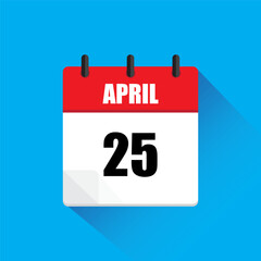 April twenty fifth. Red white vector. Blue background icon. Long shadow illustration.