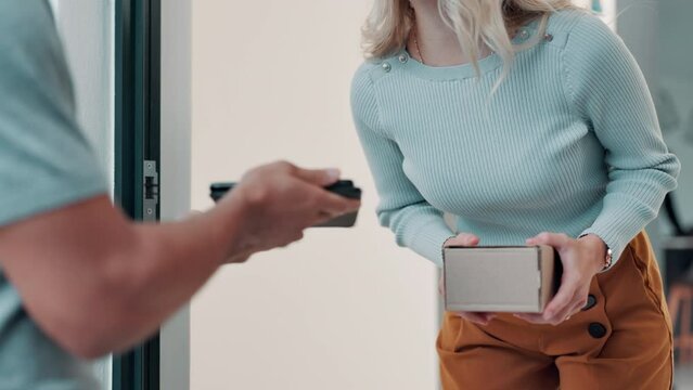 Delivery, tablet and people sign at front door for package, parcel and order at home in courier services. E commerce people with exchange, distribution and digital signature for shipping or logistics