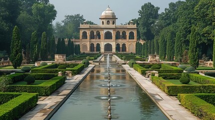A panoramic view of a Mughal garden, symmetrically designed with fountains and canals, reflecting the architectural grandeur of the era