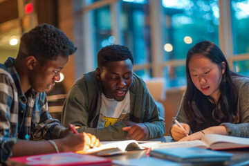 Multiracial students studying together with textbooks in evening library
