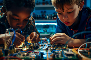 Multiracial boys soldering electronics in workshop