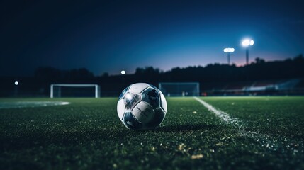soccer ball sitting on lush empty soccer field with green grass